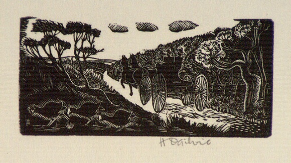 Artist: b'OGILVIE, Helen' | Title: b'not titled [Buggy with two passengers]' | Date: (1947) | Technique: b'wood-engraving, printed in black ink, from one block'