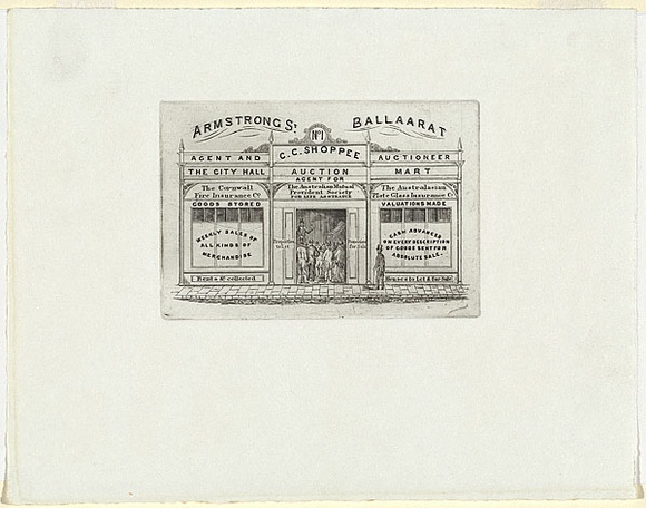 Artist: b'UNKNOWN' | Title: b'Trade card: C.C. Shoppee, Auctioneer Ballarat.' | Date: c.1860 | Technique: b'line-engraving, printed in black ink, from one copper plate'