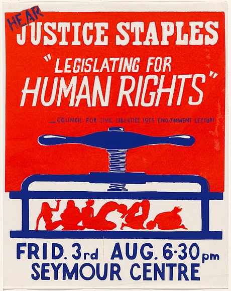 Artist: b'Fenton-Kerr, Tom.' | Title: b'Hear Justice Staples - Legislating for Human Rights.' | Date: 1979 | Technique: b'screenprint, printed in colour, from two stencils'