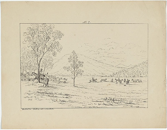 Title: b'Drafting cattle on horseback' | Date: c.1853 | Technique: b'lithograph, printed in black ink, from one stone'