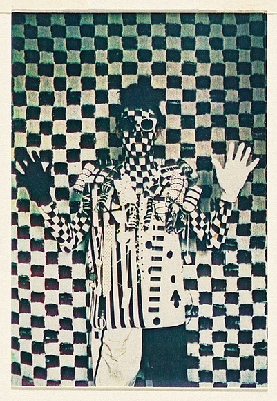 Artist: b'McDiarmid, David.' | Title: b'not titled [man in pink hardhat, three-quarter length]: postcard from the series Urban Tribalwear.' | Date: (1980) | Technique: b'photocopy, printed in colour' | Copyright: b'Courtesy of copyright owner, Merlene Gibson (sister)'