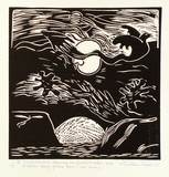 Artist: b'Wallace-Crabbe, Robin.' | Title: b'not titled [III swaddling bird ... avec moon].' | Date: 1980 | Technique: b'linocut, printed in black ink, from one block' | Copyright: b'\xc2\xa9 Robin Wallace-Crabbe, Licensed by VISCOPY, Australia'