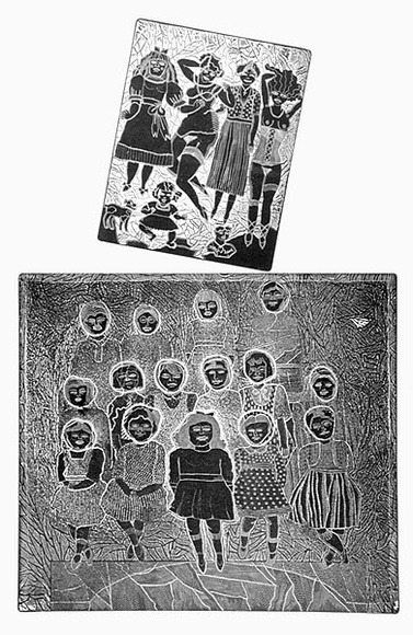 Artist: b'HANRAHAN, Barbara' | Title: b'Dolls' | Date: 1979 | Technique: b'relief-etching, (comprising two plates) printed in black'
