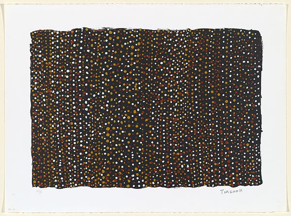 Artist: b'RED HAND PRINT' | Title: b'Jilamarra - lots of raining dots on a black background' | Date: 1998, 2 February | Technique: b'screenprint, printed in colour, from multiple stencils'