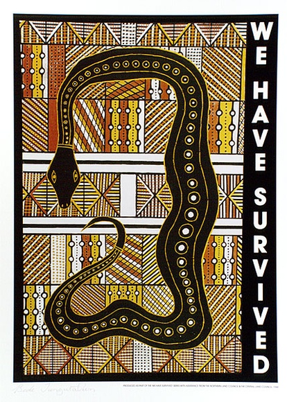 Artist: TUNGUTALUM, Bede | Title: We have survived | Date: 1988 | Technique: offset lithograph, printed in colour, printed from multiple stones [or plates], from process colour plates plus black
