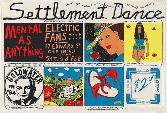 Artist: b'WORSTEAD, Paul' | Title: b'Coldwater, Mental as Anything-Electric Fans Settlement Dance' | Date: 1979 | Technique: b'screenprint, printed in colour, from four stencils' | Copyright: b'This work appears on screen courtesy of the artist'