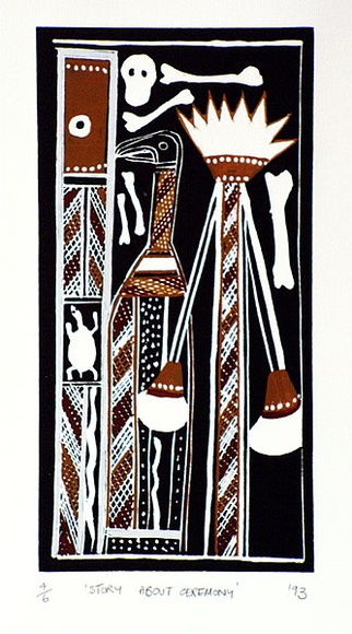 Artist: b'Bununggurr, Bobby.' | Title: b'Story about ceremony' | Date: 1993 | Technique: b'linocut, printed in black ink, from one block; hand-coloured'