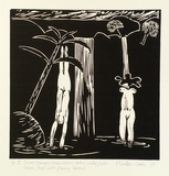 Artist: b'Wallace-Crabbe, Robin.' | Title: b'not titled [V Diver plunges, Venus rises ... avec tree with fleshy leaves].' | Date: 1980 | Technique: b'linocut, printed in black ink, from one block' | Copyright: b'\xc2\xa9 Robin Wallace-Crabbe, Licensed by VISCOPY, Australia'