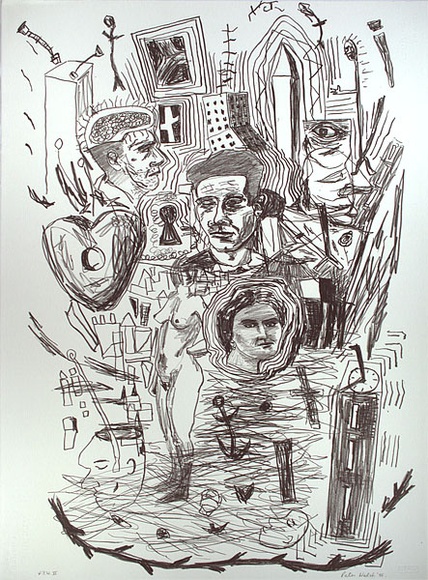 Artist: b'Walsh, Peter.' | Title: b'not titled (with standing nude and heads)' | Date: 1986 | Technique: b'lithograph, printed in black ink, from one stone'