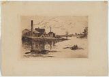 Artist: Hopkins, Livingston. | Title: [Row-boat with industrial works on shore] | Date: 1894 | Technique: etching, printed in sepia ink, from one plate