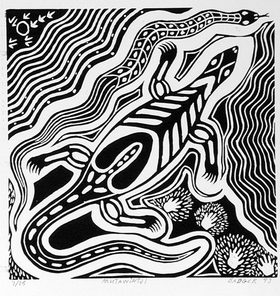 Artist: b'Bates, Badger' | Title: b'Mutawintji' | Date: 1993 | Technique: b'linocut, printed in black ink, from one block,'