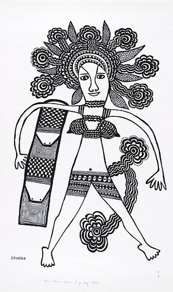 Artist: b'Kauage, Mathias.' | Title: b'Meri karim bilum i go long market  [A woman carrying her string bag to market]' | Date: 1978 | Technique: b'screenprint, printed in black ink, from one stencil'