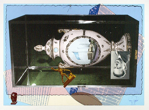 Artist: Latimer, Bruce. | Title: U.N. exaggerated view. | Date: 1978 | Technique: photo-screenprint, rubber stamps; with collaged postcard | Copyright: © Bruce Latimer