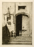 Artist: b'LINDSAY, Lionel' | Title: b'Doorway, Castle Nuovo, Naples' | Date: 1927 | Technique: b'drypoint, printed in brown ink, from one plate' | Copyright: b'Courtesy of the National Library of Australia'