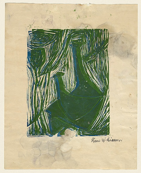 Artist: b'UNKNOWN' | Title: b'(Green interior)' | Date: 1950s | Technique: b'linocut, printed in colour, from mutliple blocks'