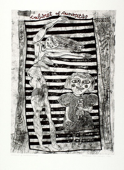 Artist: b'HANRAHAN, Barbara' | Title: b'Cabinet of curiosities' | Date: 1990 | Technique: b'etching, printed in black ink with plate-tone, hand-coloured'