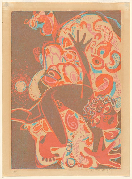 Artist: b'Stringer, John.' | Title: b'Icarus falling' | Date: 1960 | Technique: b'woodcut, printed in colour, from multiple blocks'