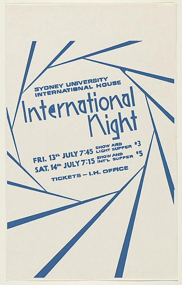 Artist: b'UNKNOWN' | Title: b'International night' | Date: 1978 | Technique: b'screenprint, printed in blue ink, from one stencil'