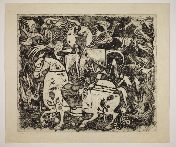 Artist: b'Haxton, Elaine' | Title: b'The divine archer' | Date: c.1967 | Technique: b'open-bite etching and aquatint, printed in black ink, from one plate'