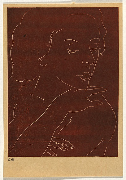 Artist: b'Bell, George..' | Title: b(Woman's head, shoulders and arm). | Technique: b'linocut, printed in black ink, from one block'