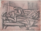 Artist: b'Hinder, Frank.' | Title: b'Margel, Jerry, Margo reading, Emu Plains' | Date: 1947 | Technique: b'transfer-lithograph, printed in colour, from two stones'