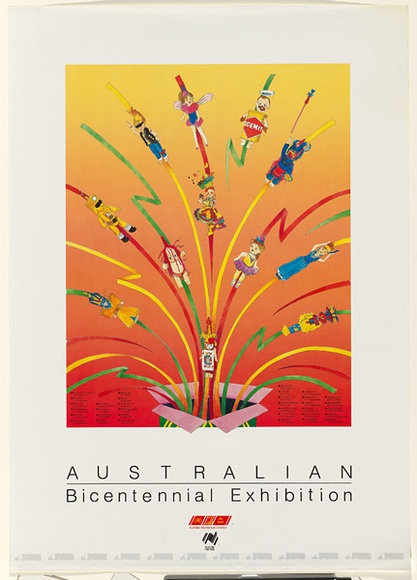 Artist: b'McDiarmid, David.' | Title: b'Australian Bicentennial exhibition poster featuring dolls by Peter Tully' | Date: 1988 | Technique: b'screenprint' | Copyright: b'Courtesy of copyright owner, Merlene Gibson (sister)'