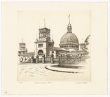 Artist: PLATT, Austin | Title: Garden Palace Gates, Macquarie St (now Shakespeare Square) | Date: c.1987 | Technique: etching, printed in black ink, from one plate