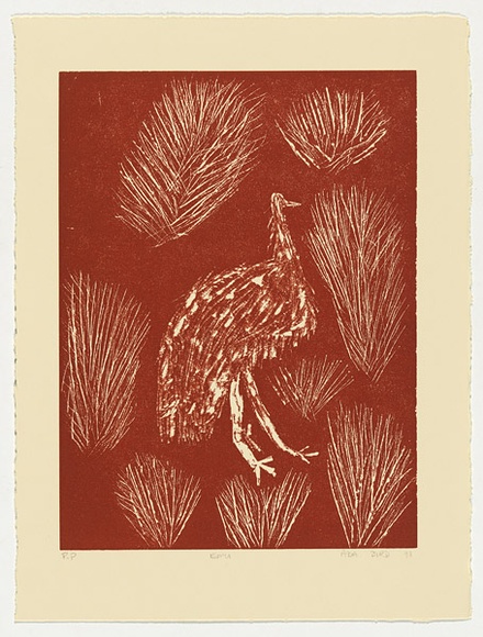 Artist: b'Bird Petyarre, Ada.' | Title: b'Emu' | Date: 1991 | Technique: b'linocut, printed in red ink, from one block' | Copyright: b'\xc2\xa9 Ada Bird Petyarr. Licensed by VISCOPY, Australia'