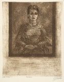 Artist: b'Dickson, Clive.' | Title: b'Portrait' | Date: 1986 | Technique: b'etching and aquatint, printed in sepia ink (small amount of black ink added), from one plate'