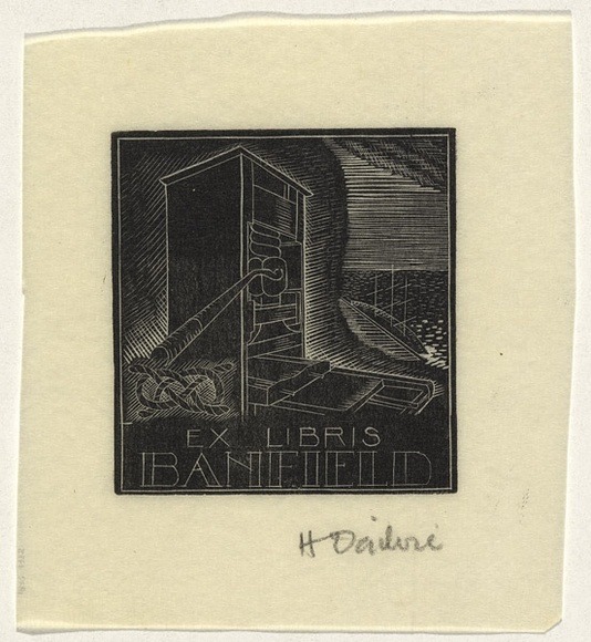 Artist: b'OGILVIE, Helen' | Title: b'not titled [Relief printing press; knotted rope; ship without sails up].' | Date: c.1947 | Technique: b'wood-engraving, printed in black ink, from one block'