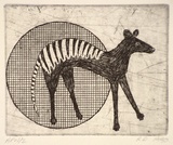 Artist: b'Daw, Robyn.' | Title: b'not titled [tiger standing in a circle with grid]' | Date: 1990 | Technique: b'etching, printed in black ink, from one plate'