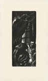 Artist: AMOR, Rick | Title: Not titled (large raven and cowering man 1). | Date: (1990) | Technique: woodcut, printed in black ink, from one block