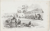 Artist: b'GILL, S.T.' | Title: bSite of Bently's Hotel, Eureka, Ballarat. | Date: 1855-56 | Technique: b'lithograph, printed in black ink, from one stone'
