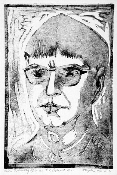 Artist: b'Taylor, John H.' | Title: b'Sir Stanley Spencer, TV portrait' | Date: 1975 | Technique: b'linocut, printed in black and grey ink, from two blocks'