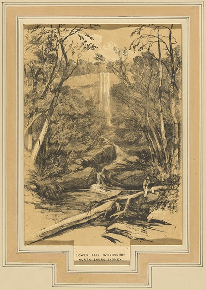 Artist: b'PROUT, John Skinner' | Title: b'Lower Fall Willoughby, North Shore, Sydney' | Date: 1842 | Technique: b'lithograph, printed in colour, from multiple stones [or plates]'