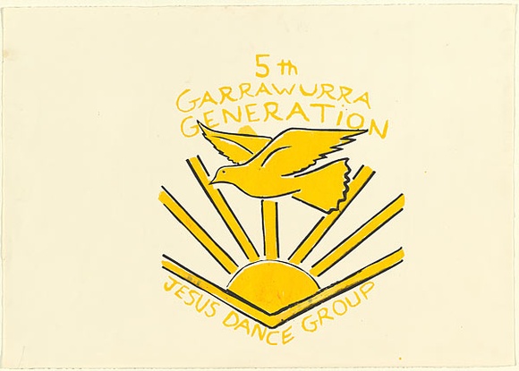 Artist: b'Artist unknown' | Title: b'5th Garrawurra Generation Jesus Dance Group' | Date: c.1992 | Technique: b'screenprint, printed in colour, from two stencils'