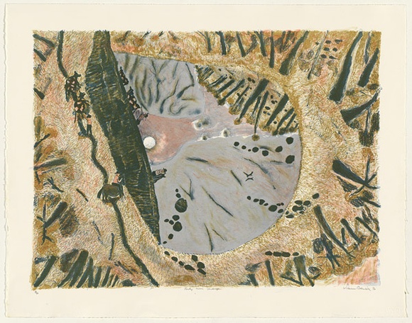 Artist: b'Robinson, William.' | Title: b'Rocky moon landscape' | Date: 1990 | Technique: b'lithograph, printed in colour, from multiple plates'