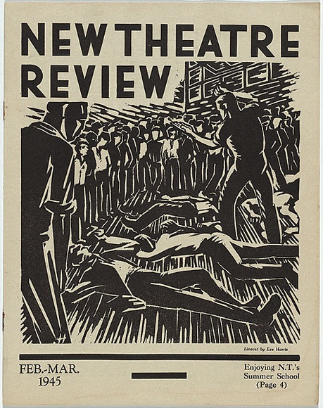 Artist: b'Harris, Eve.' | Title: b'New theatre review: February-March 1945.' | Date: February-March 1945 | Technique: b'linocut, printed in black ink, from one block; letterpress text'