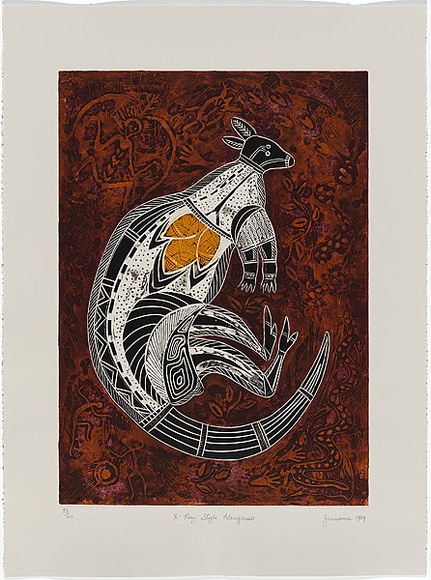 Artist: b'JENUARRIE,' | Title: b'X-ray style kangaroo' | Date: 1989 | Technique: b'linocut, printed in colour, from multiple blocks'