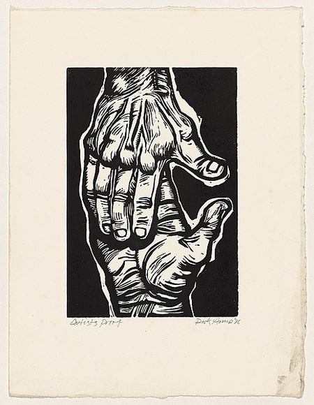 Artist: b'AMOR, Rick' | Title: b'not titled (two hands meeting).' | Date: 1976 | Technique: b'linocut, printed in black ink, from one plate'