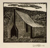 Artist: b'OGILVIE, Helen' | Title: b'not titled [Small wooden country house with chimney and verandah - a design for catalogue covers/invitations for the' | Date: c.1944 | Technique: b'wood-engraving, printed in black ink, from one block'