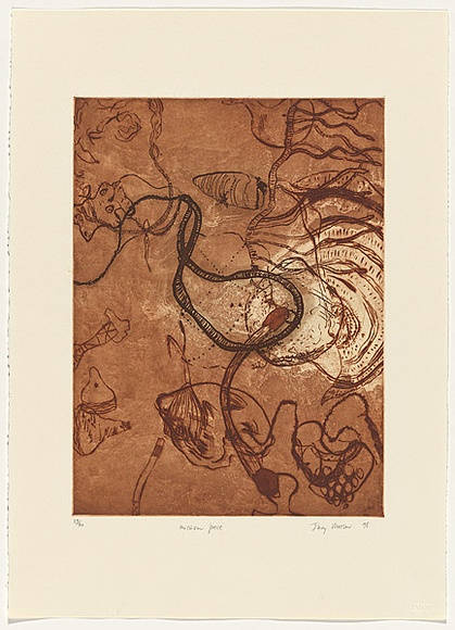 Artist: b'Watson, Judy.' | Title: b'museum piece' | Date: 1998 | Technique: b'etching, lift-ground aquatint, printed in three colours, from two copper plates' | Copyright: b'\xc2\xa9 Judy Watson. Licensed by VISCOPY, Australia'