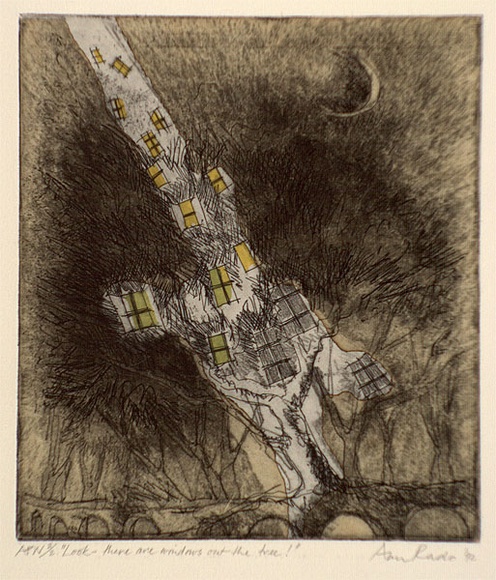 Artist: b'Rado, Ann.' | Title: b'Look - there are windows out the tree!' | Date: 1992 | Technique: b'aquatint, printed in black ink, from one plate (handpainted with green and yellow watercolour)'