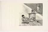Artist: James, Garry. | Title: Ted studies - Garth arriving | Date: 1991, January | Technique: etching printed in black ink with plate-tone, from one plate; embossing, from one plate