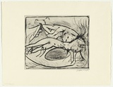 Artist: b'BOYD, Arthur' | Title: b'Lovers near a tent and black pool' | Date: c1985 | Technique: b'etching and drypoint, printed in black ink, from one plate' | Copyright: b'Reproduced with permission of Bundanon Trust'