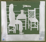 Artist: b'Blackman, Charles.' | Title: b'Stencil (seated figure at table and chair).' | Date: c.1952 | Technique: b'hand cut paper stencil, paint'