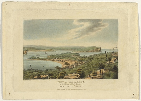 Artist: b'Lycett, Joseph.' | Title: b'View of the Heads, at the Entrance to Port Jackson, New South Wales' | Date: 1824 | Technique: b'etching and aquatint, printed in black ink, from one copper plate; hand- coloured'