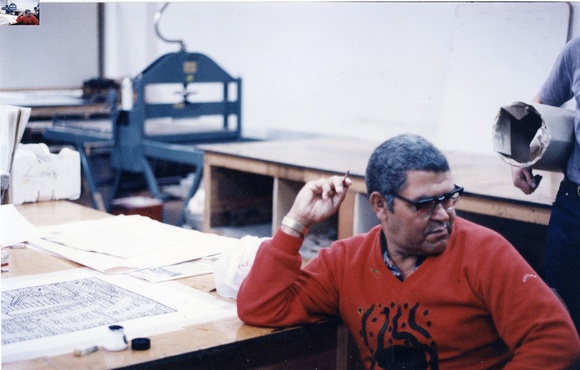 Title: b'Robert Campbell junior, working at the Australian Print Workshop, Melbourne on his linocut for the Bicentennial Folio, 1988.' | Date: 1988