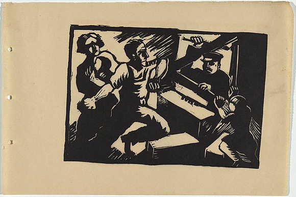 Artist: b'UNKNOWN, WORKER ARTISTS, SYDNEY, NSW' | Title: b'Not titled (confrontation).' | Date: 1933 | Technique: b'linocut, printed in black ink, from one block'