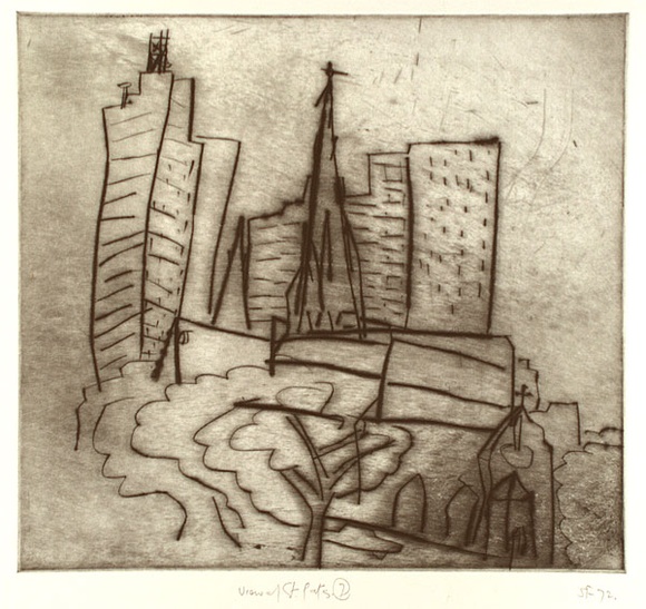 Artist: Furlonger, Joe. | Title: View of St. Pats 7 (dark plate) | Date: 1992 | Technique: etching, printed in black ink with plate-tone, from one plate